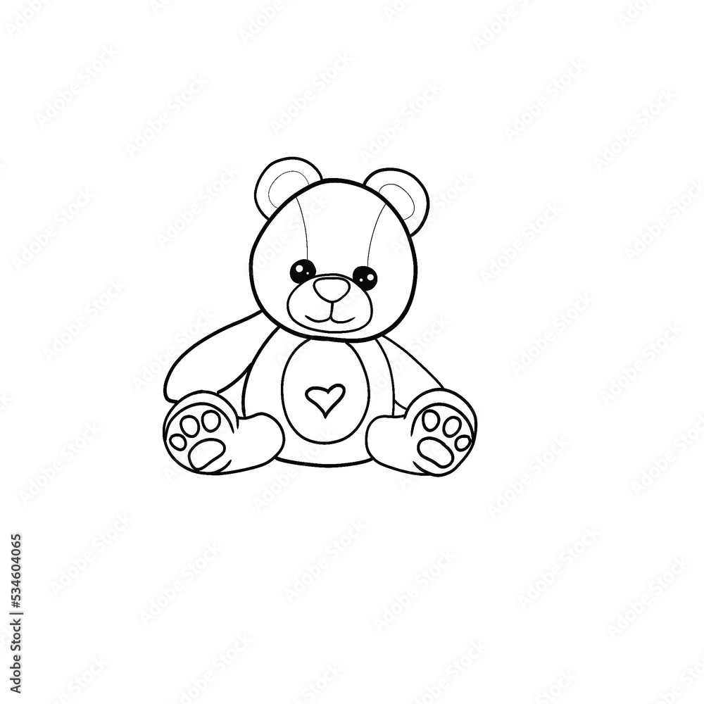 Fototapeta premium Toy bear sits with a heart on his stomach, print, isolated illustration, icon, tattoo