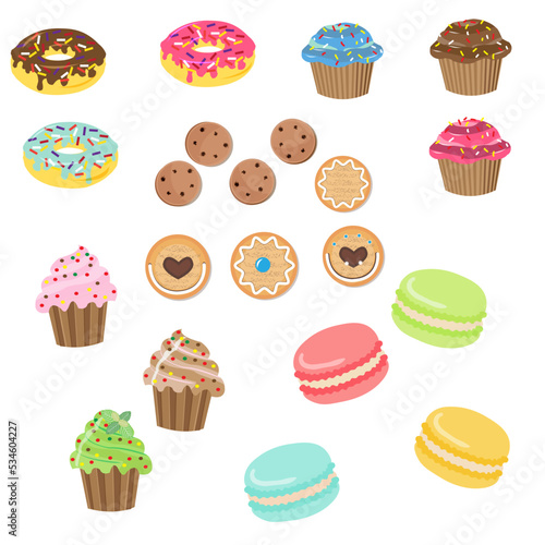 A set of various confectionery products - cookies, cakes, cupcakes, can be used for leaflets, postcards, menus, greetings and covers, vector illustration