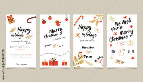 Christmas Template for social networks, story. Xmas background with hand-drawn gift boxes, color balls and branches. Vertical New Year banner, poster, greeting card, Advertising flyer brochure