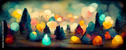 Background evergreen trees with festive bokeh lights and glow