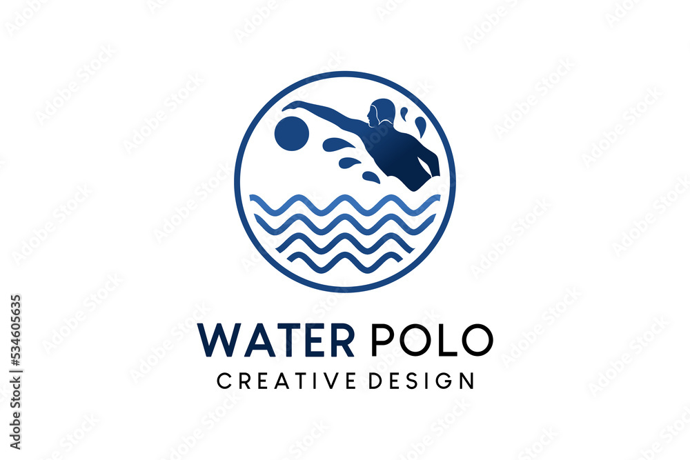 Water polo logo design, simple vector illustration of silhouettes of people playing ball on waves Water polo logo design, simple vector illustration of silhouettes of people playing ball on waves