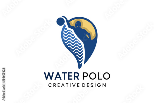 Water polo logo design, vector illustration of people playing ball in water drops icon