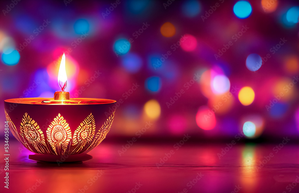 Happy Diwali - Lit diya lamp on street at night. Happy Diwali festival with  oil lamp, Diwali holiday Background with rangoli, Diwali celebration  greeting card. 3d render Stock Illustration | Adobe Stock