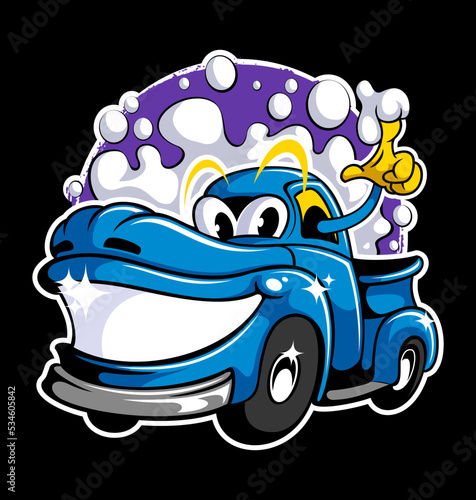 Cartoon style funny retro car illustration. Car wash logo design concept. Cartoon pickup truck character.