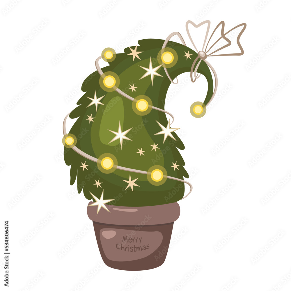 The Christmas tree in a clay pot is decorated with a luminous garland