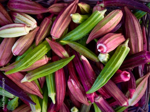 Above whole raw green and red violet okra vegetables at farmers market 