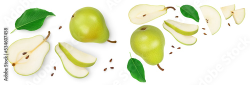 Photography Green pear fruit with half and slices isolated on white background