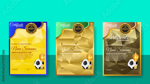 Soccer Game Certificate Diploma With Golden Cup Set Vector. Football. Sport Award Template. Achievement Design