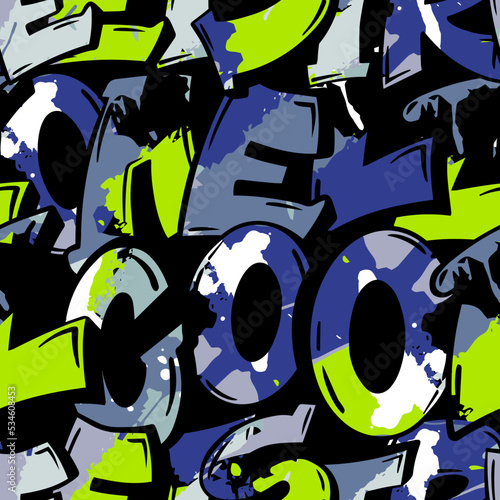 Abstract seamless chaotic pattern with urban elements, graffiti, words. Grunge texture background. Wallpaper for girls. Fashion cool  teen style