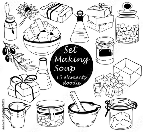 Set of 15 doodle elements, black line - jars for soap base, dyes, flowers, measuring cup, molded soap, olive decor, pipette, flask