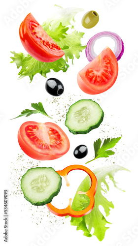 Creative layout made of tomato slice, onion, cucumber and lettuce leaves in the air with clipping path. Food concept. Vegetables isolated on white background.