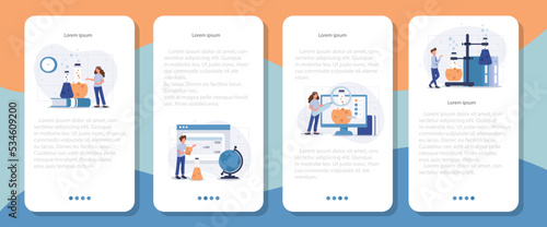 Medical tests mobile application banner set. Laboratory doctor or chemist testing patients urine and blood samples and saving lab results online. Health care and medicine concept. Vector illustration