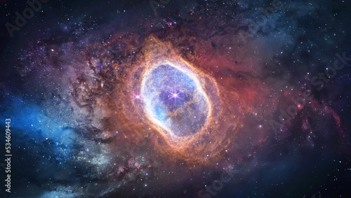 Southern Ring Nebula. Space collage from James webb telescope element. JWST galaxy and stars. Deep space in the sky. Elements of this image furnished by NASA