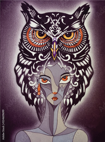 Cubist portrait of a girl with a owl