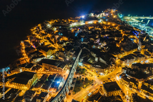 Aerial view the city of Kavala at night, in northern Greece