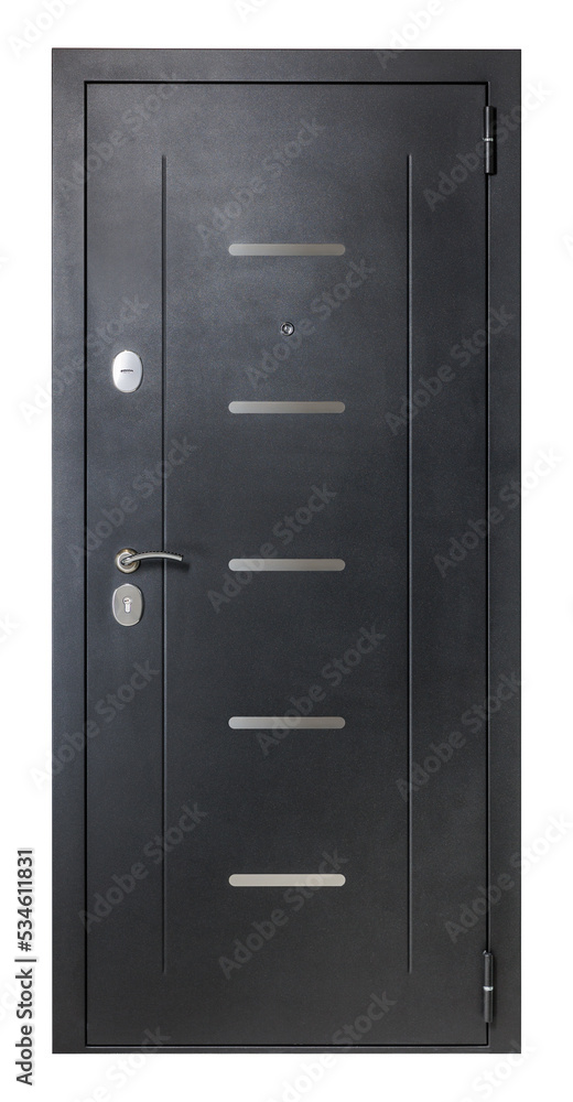Studio shot of a Entrance Metal Door with Wooden covering Isolated on White Background Studio shot of a Entrance Metal Door with Wooden covering Isolated on White Background