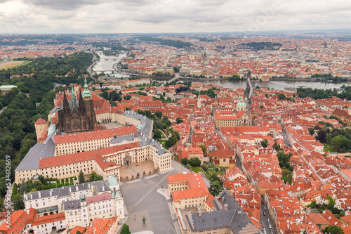 Prague Old Town with St. Vitus Cathedral and Prague castle complex with buildings revealing architecture from Roman style to Gothic 20th century. Prague, capital city of the Czech Republic