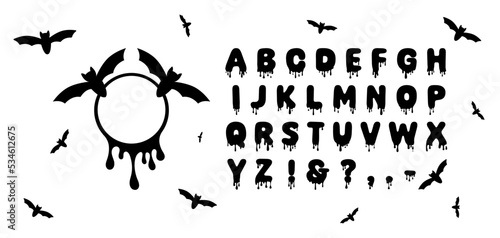 Dripping Alphabet Halloween Round Frame with Bats Bloody Letters