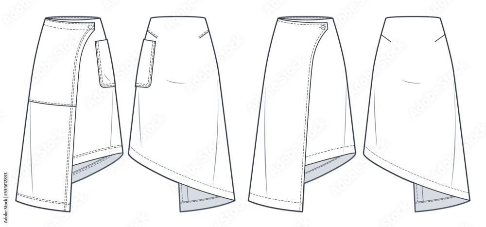 Asymmetric wrap Skirts technical fashion illustration. Set of Skirts ...