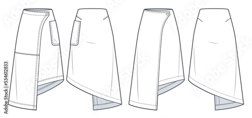 Asymmetric wrap Skirts technical fashion illustration. Set of Skirts fashion flat sketch template, midi lengths, A-line, button up, pocket, front and back view, white, CAD mockup set.