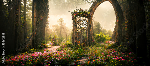 Obraz na płótnie Spectacular archway covered with vine in the middle of fantasy fairy tale forest landscape, misty on spring time