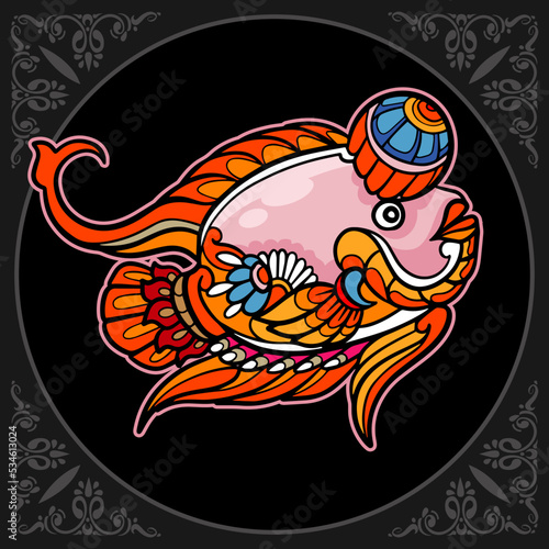 Colorful Flower horn fish mandala arts isolated on black background