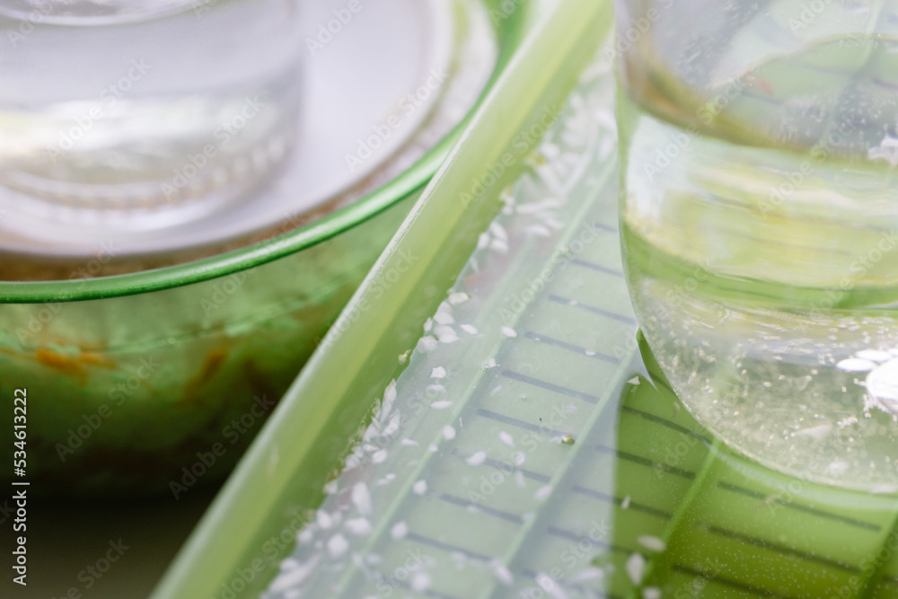 Foto de Pickling sauerkraut in plastic containers on the windowsill