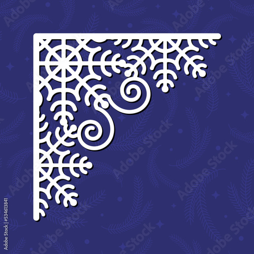 Laser cutting template of Christmas corner with snowflakes. Silhouette of openwork corner with lace ornament. Xmas tree decoration for wood cut out. Vector illustration on blue background.
