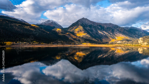 Mountain lake with Aspen Trees Changing in Autumn Reflection