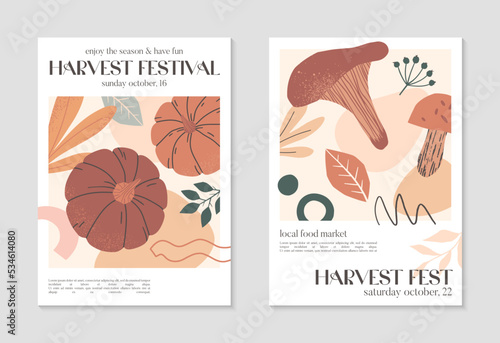 Autumn harvest festival posters with pumpkins,shapes,foliage and copy space for text.Trendy autumn covers for invitations,social media marketing,placard,brochure.Harvest fest vector illustrations