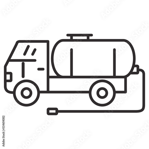 Vacuum truck line icon.Waste disposal machine.Fuel tanker truck.Septic truck for sewage sludge transportation.Outline vector illustration.Isolated on a blue background.