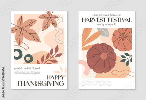 Happy Thanksgiving Day and harvest posters with organic shapes,foliage and copy space for text.Modern autumn covers for invitations,social media marketing,placard,brochure.Trendy holiday backgrounds.