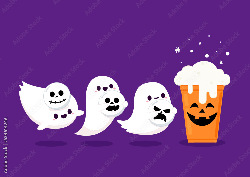 Obraz premium Halloween face on plastic cup. Party cup isolated. background, vector illustration. Halloween beer cup vector. Beer pong. Halloween face on plastic cup. Cute ghost cartoon vector.
