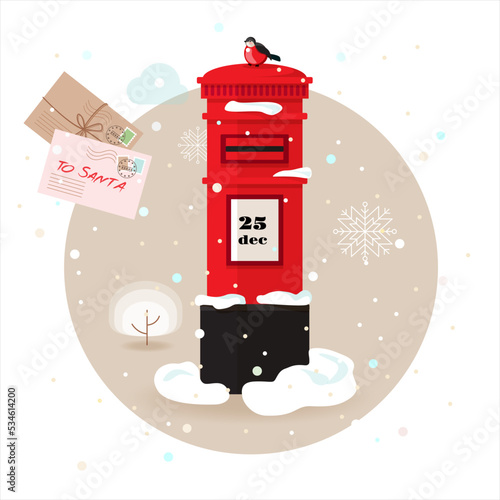 Letters to Santa Claus, traditional british red mail box with cute little robin bird at snowy landscape. Santa mail concept in round frame. Christmas holiday, envelopes, snowing. Vector illustration