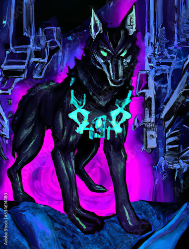 A cyber punk wolf on an abstract cyber looking background with pinks, blues, purples and blacks