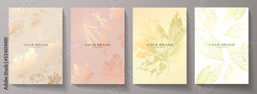 Autumn cover design set. Decorative vector template with leaf fall (orange leaves of maple) on gold, pink, white background. Floral line pattern for invitation card, poster a4, notebook page