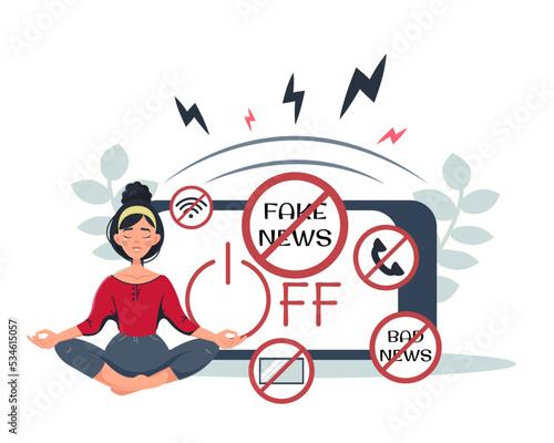 A peaceful young girl, protected from bad news, meditates in the lotus position