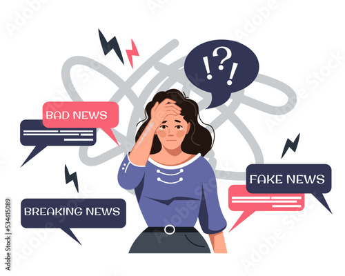The shocked woman tries to brush off the bad news. Bad news, fakes. Vector illustration
