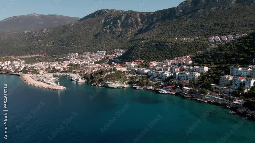 sunny marina with hotels on the coast, mountains, 4k yachts sunny marina with hotels on the coast, mountains, 4k yachts