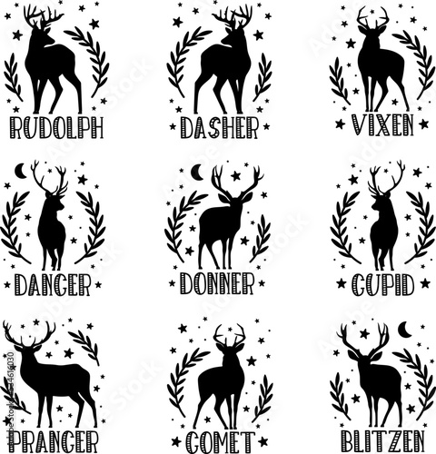Fototapeta Christmas reindeer names vector illustrations set