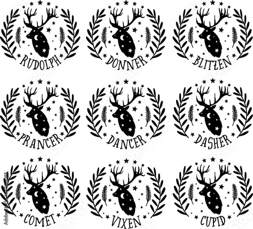 Fotografia Reindeer names vector illustrations set