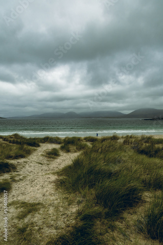 The beautiful  scenic landscape in Luskentyre Beach  Isle of Lewis andHarris  in a windy  cloudy summer day. Hebridean summer beach mood.