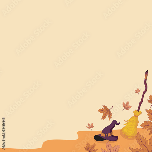 Fondo con ilustración de escoba y sombrero de bruja en otoño.