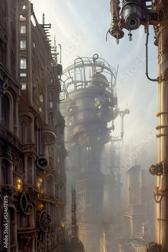 A 3d digital rendering of a steampunk city industrial buildings.