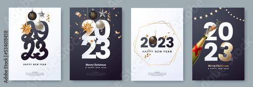 Happy New Year 2023 poster collection. Greeting card template with typography and christmas decorations in realistic style. Winter holidays flyer design. Ideal for party invite, banner. Vector eps 10 © alexandertrou