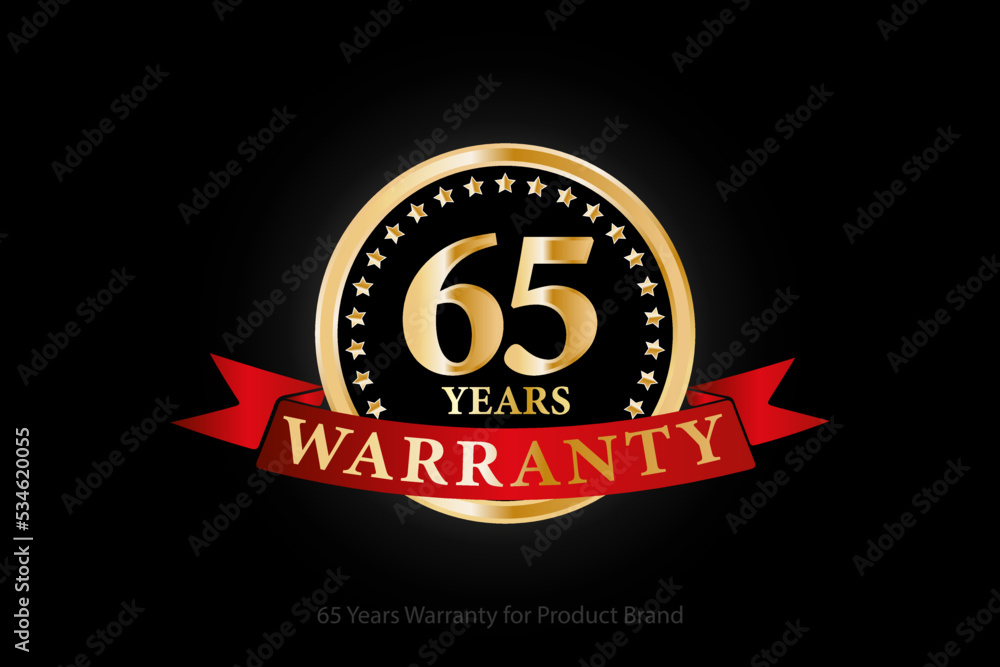 Fototapeta premium 65 years golden warranty logo with ring and red ribbon isolated on black background, vector design for product warranty, guarantee, service, corporate, and your business.