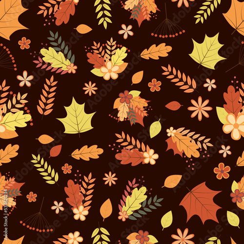 Fall seamless pattern. Colorful leaves  flowers  and berries. Autumn vector background. Perfect for fabric  wrapping paper  scrapbooking  etc