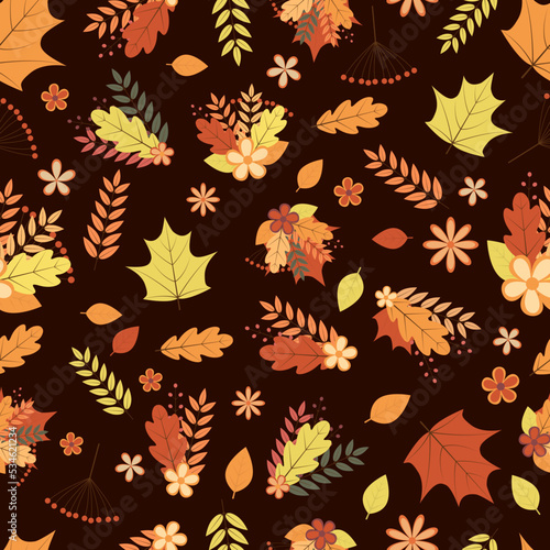Wallpaper Mural Fall seamless pattern. Colorful leaves, flowers, and berries. Autumn vector background. Perfect for fabric, wrapping paper, scrapbooking, etc Torontodigital.ca