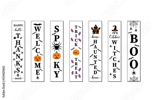 Halloween vertical signs set. Halloween decorations. Welcome home porch sign bundle. Vector template
