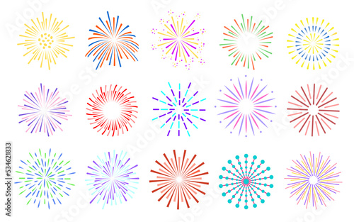 Fireworks colorful bright set. Celebration fire firework christmas new year pyrotechnics firecracker night festival birthday party. Vintage sunburst bursting sun rays. Radial light beams salute spark